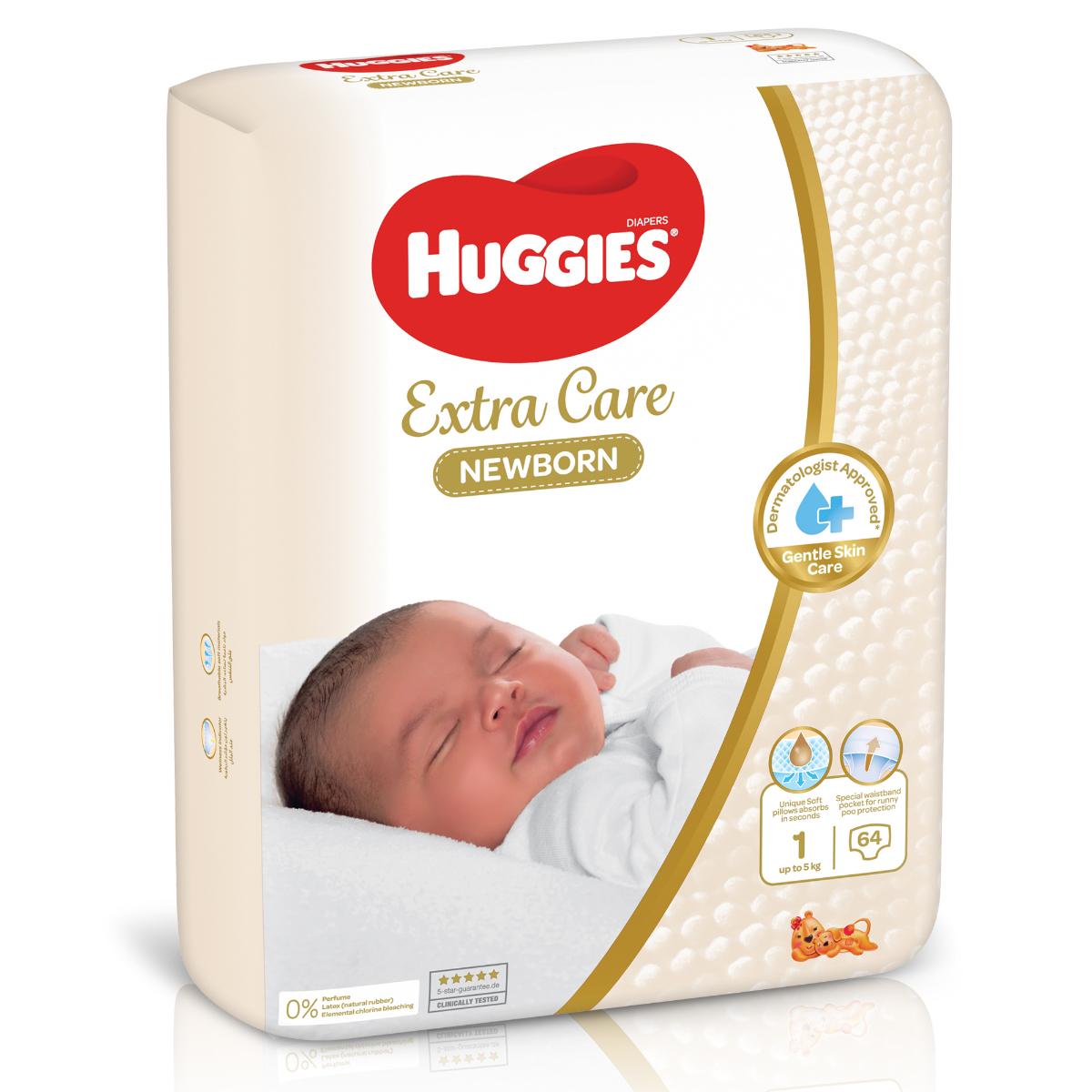 Huggies Extra Care Newborn Size 1 Up to 5 kg Jumbo Pack 64 Diapers