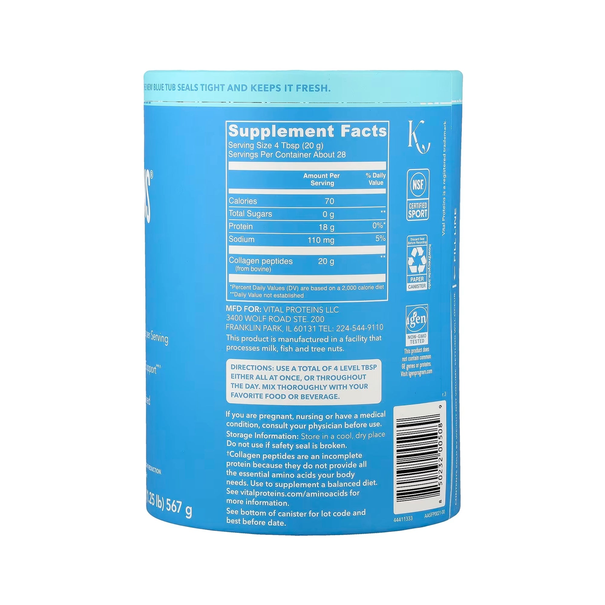 Vital Proteins Collagen Peptides Powder Flavor Free 567g