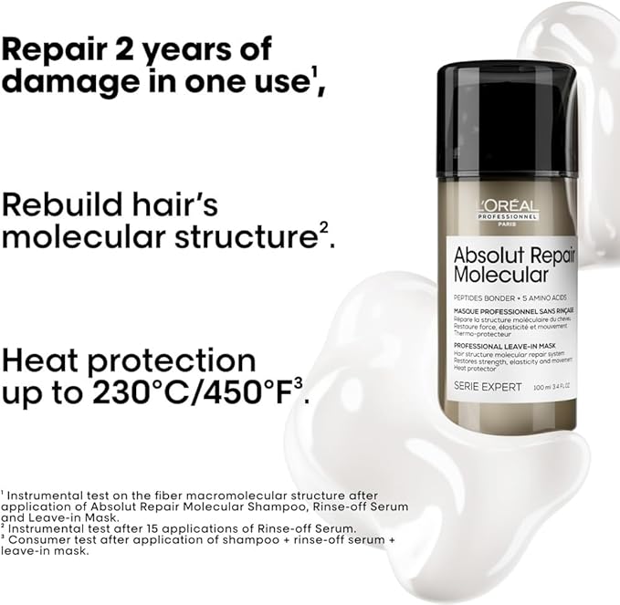 L'Oréal Professionnel- Absolut Repair Molecular Leave-In-Mask, Repair Damage & Restore Strength, Heat Protectant For Hair, For All Damaged Hair