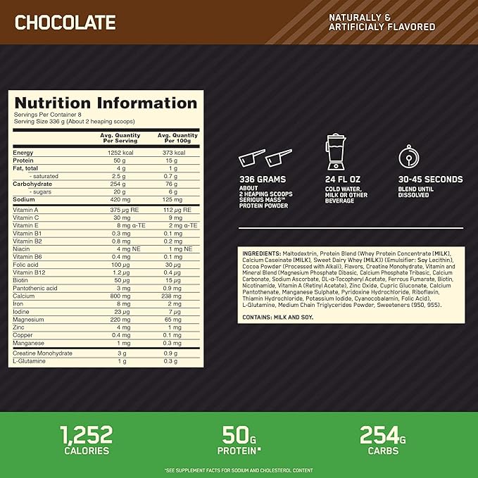 Optimum Nutrition (ON) Serious Mass: Protein Powder, 50 Grams of Protein, Vitamin C, Zinc And Vitamin D for Immune Support - Chocolate, 6 Lbs (2.72 kg)