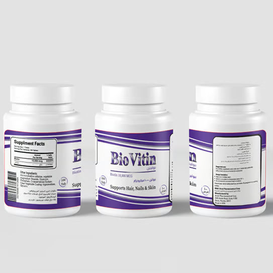 Biovitin – بيوتين 10000 ميكروغرام، فيتامين B7 لدعم الشعر والبشرة والأظافر، 100 قرص