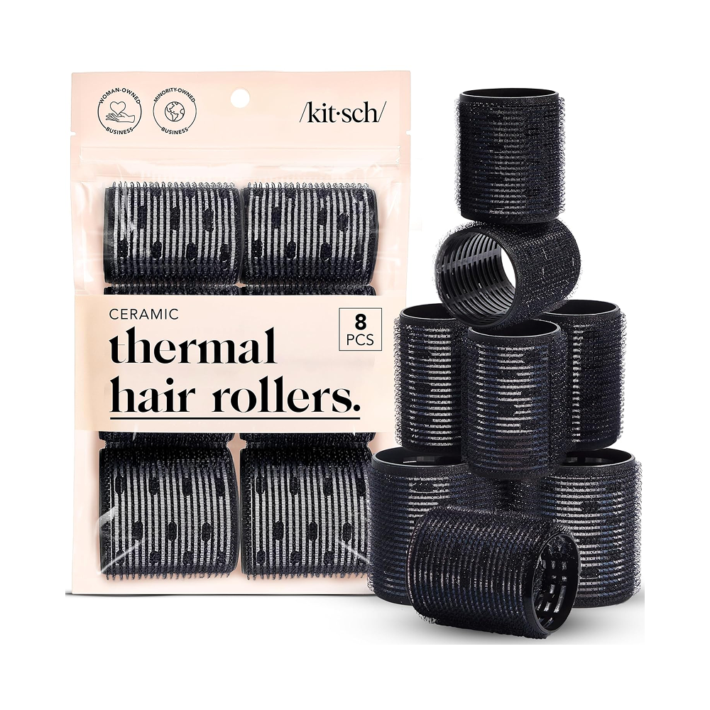 Kitsch Ceramic Hair Rollers for Women - Black, 8 Count (Pack of 1)