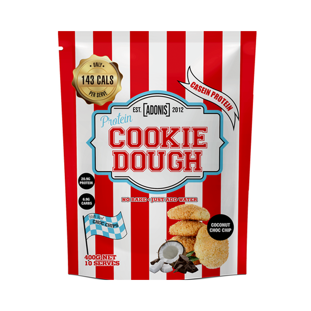 Adonis Protein Cookie Dough – Casein Protein Coconut Choc Chip 400g