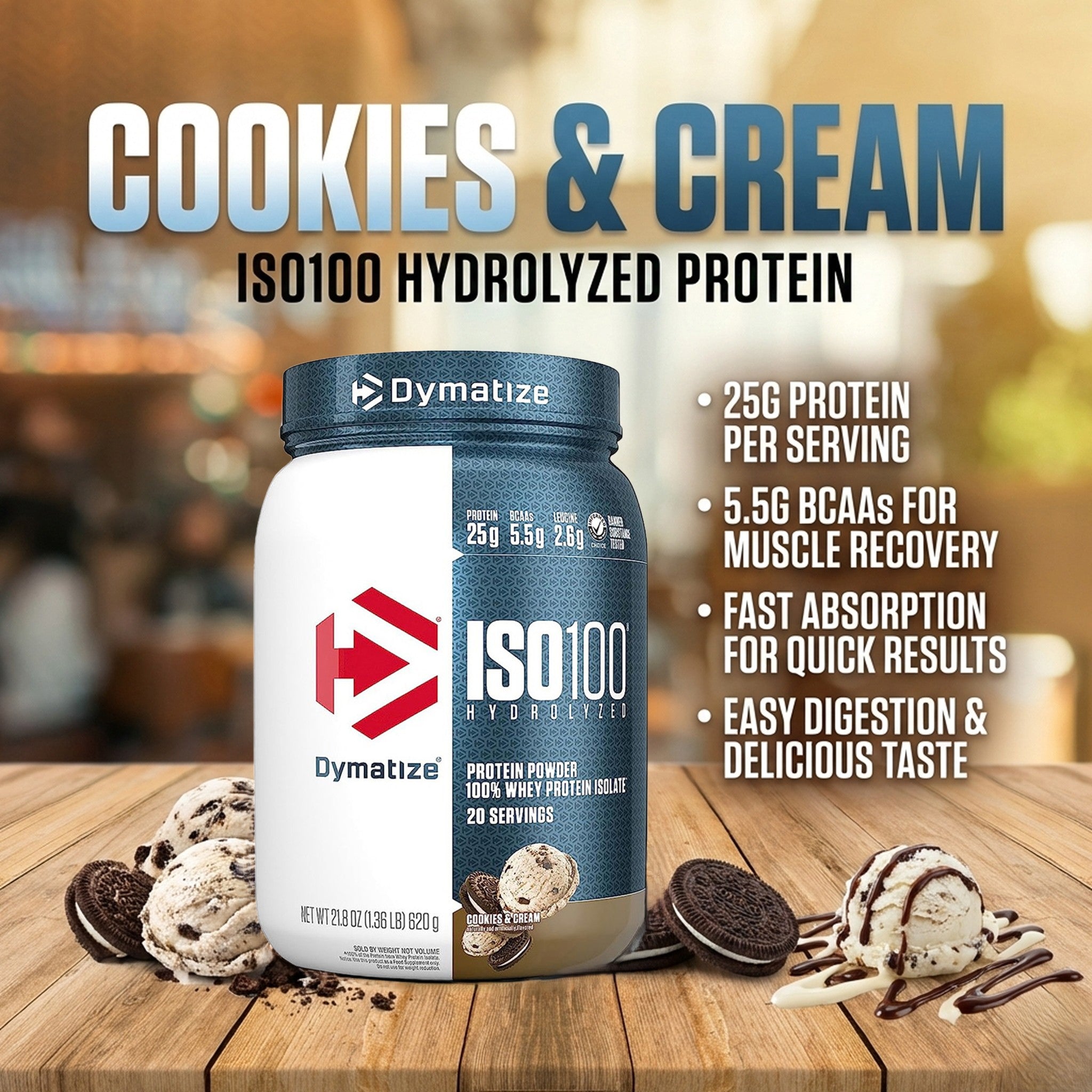 Dymatize ISO 100 Whey Protein Isolate – Cookies & Cream – 1.36 LB