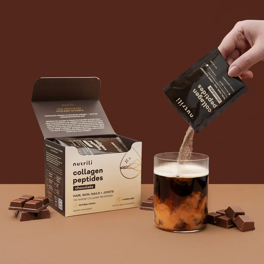 Nutrili Marine Collagen Peptides Powder, Promotes Hair, Nail, Skin, Bone and Joint Health Chocolate 15 Sachets