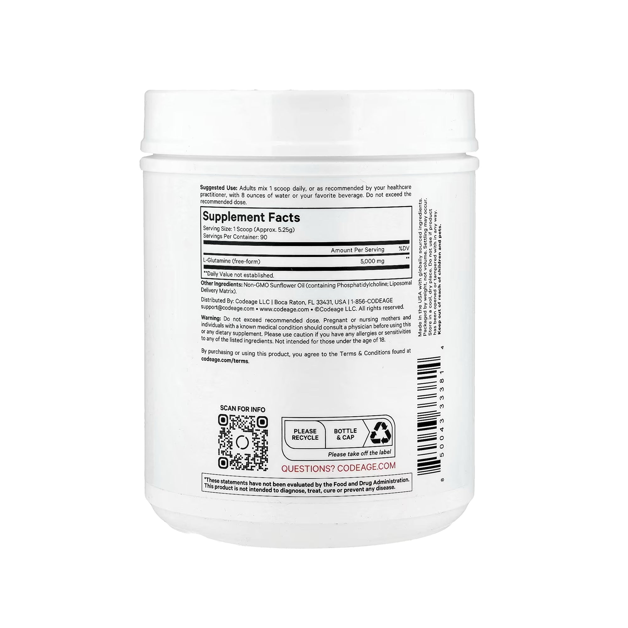 Codeage Liposomal L-Glutamine+ Powder Unflavored - 16.67 oz (472.5g)