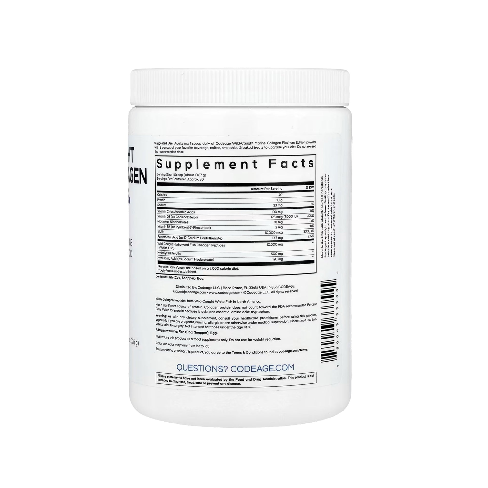 Codeage Wild-Caught Marine Collagen Peptides Powder Platinum Unflavored - 11.50 oz (326g)