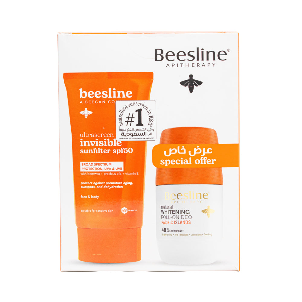 Beesline Sun Cream Ultra Screen Invisible 60ml + Roll-On Deodorant For Skin Brightening Pacific Islands 48h Protection 50ml