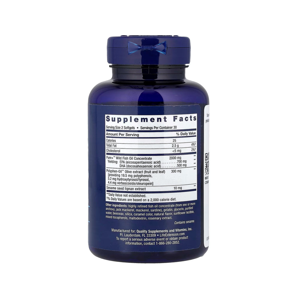 Life Extension سوبر أوميجا-3 EPA/DHA زيت السمك مع سيسامول وخلاصة الزيتون - 60 كبسولة هلامية