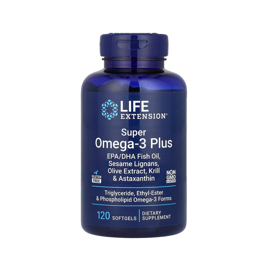 Life Extension سوبر أوميجا-3 بلس EPA/DHA زيت السمك، سيسامول، مستخلص الزيتون، الكريل والأستاكسانثين - 120 كبسولة هلامية