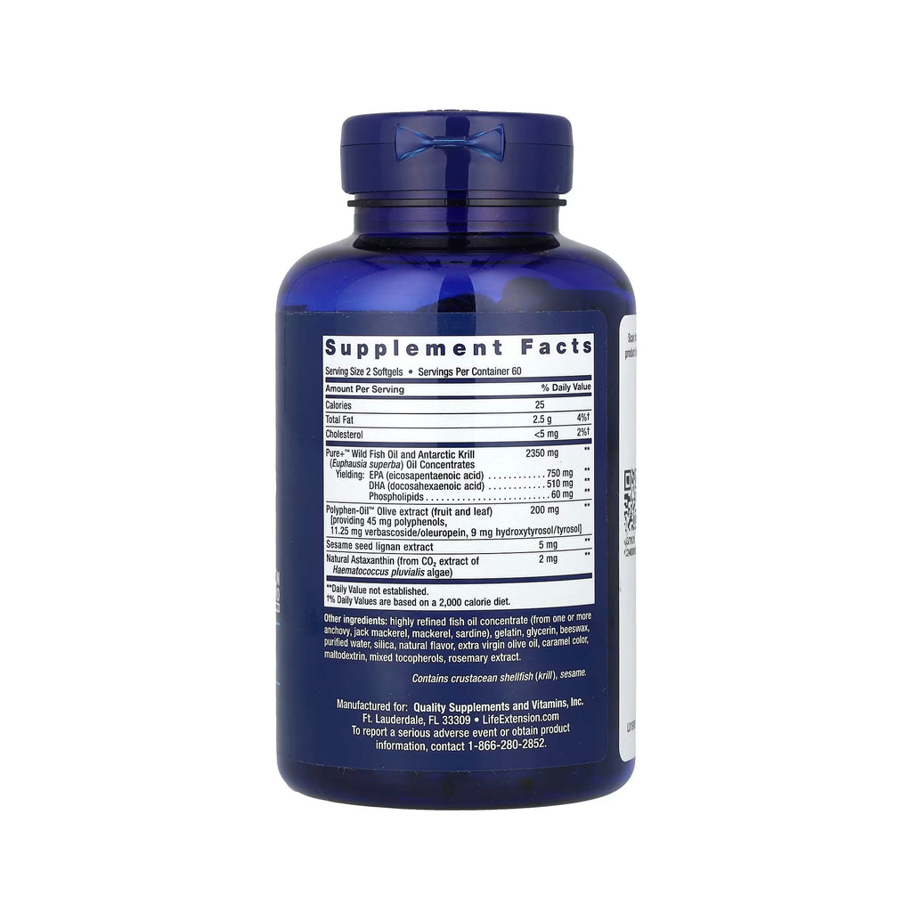 Life Extension سوبر أوميجا-3 بلس EPA/DHA زيت السمك، سيسامول، مستخلص الزيتون، الكريل والأستاكسانثين - 120 كبسولة هلامية