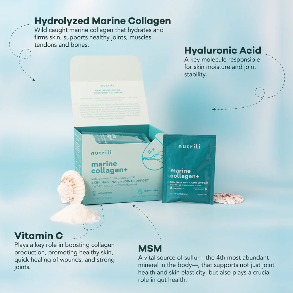 Nutrili Marine Collagen+ MSM, Hyaluronic Acid & Vitamin C Skin, Joint, Hair, Gut and Bone Health (15 Sachets)