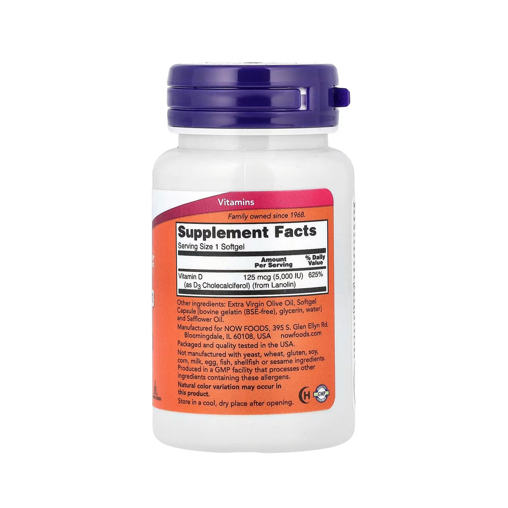 NOW Foods فيتامين D-3 5000 وحدة دولية - 240 كبسولة هلامية