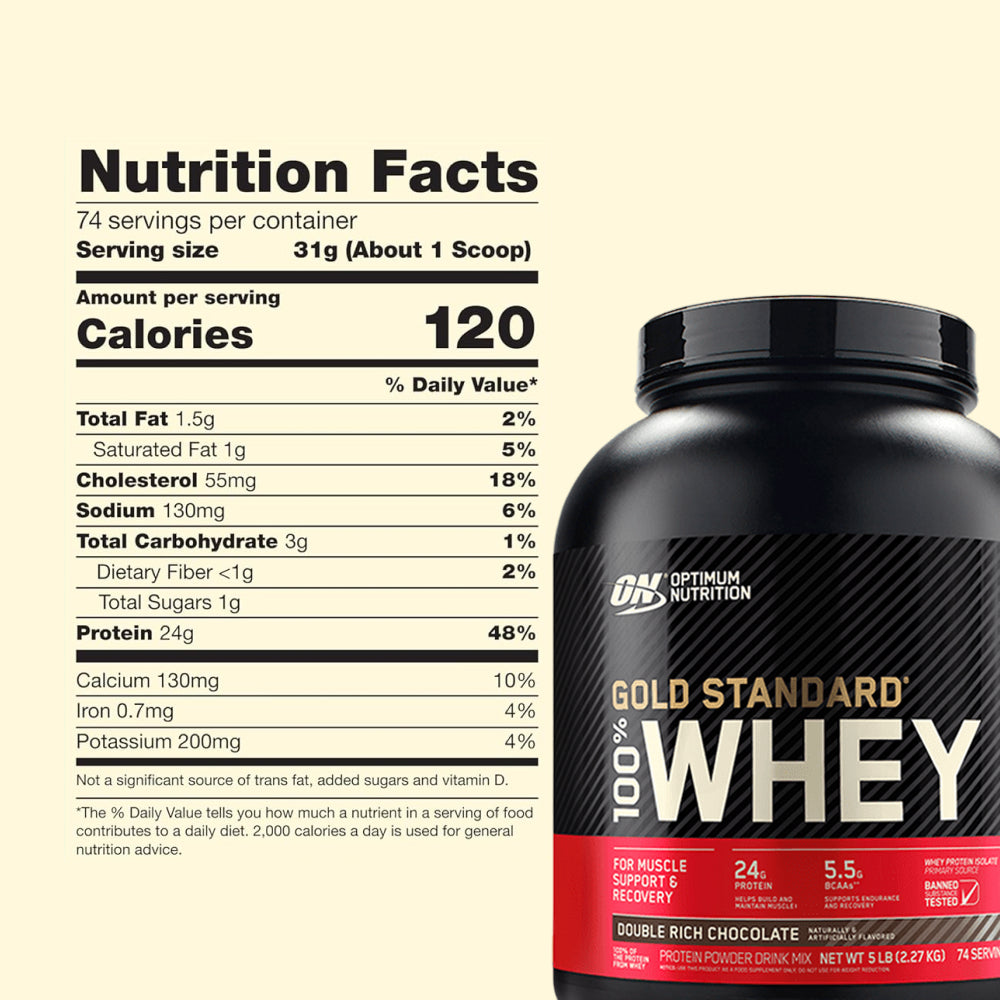 Optimum Nutrition Gold Standard 100% Whey Protein Powder Double Chocolate 5 LB 74 Servings