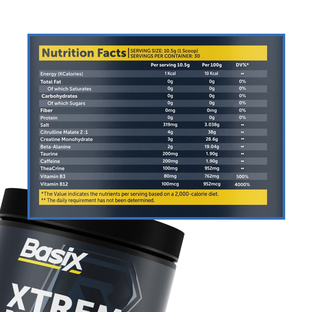 Basix Xtreme Pump Pre-Workout Supplement - Blue Razz Rush 330g