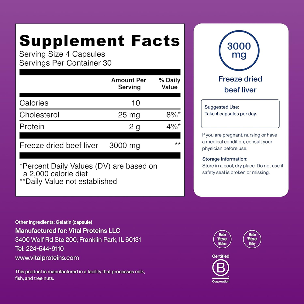 Beef Liver 750mg Dietary Supplement - 120 Capsules