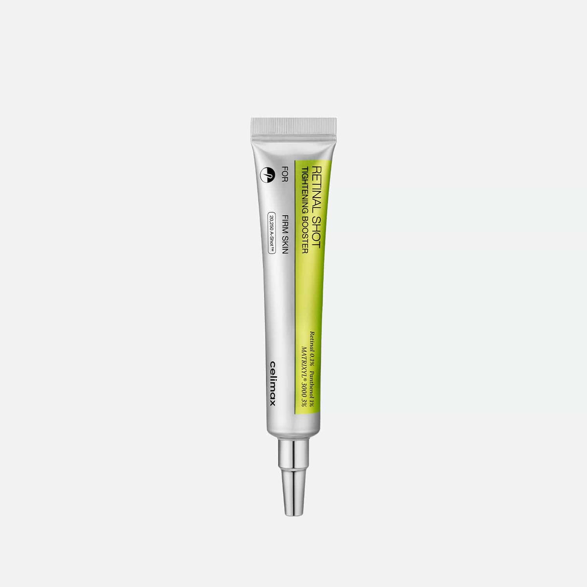 Celimax The Vita A Retinal Shot Tightening Booster 15ml tube, showing Retinal 0.1%, Panthenol 1% and Matrixyl 3000 3%
