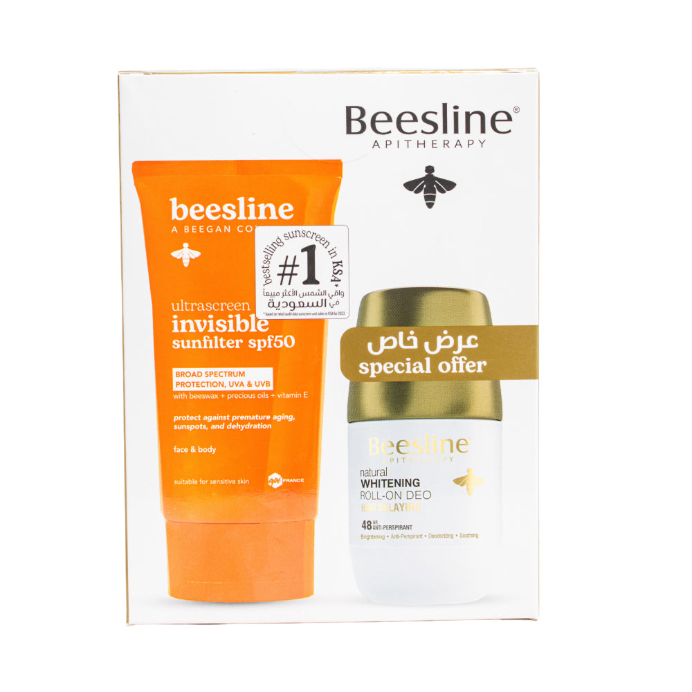 Beesline Sun Cream Ultra Screen Invisible 60ml + Roll-On Deodorant For Skin Brightening Hair Delaying 48h Protection 50ml