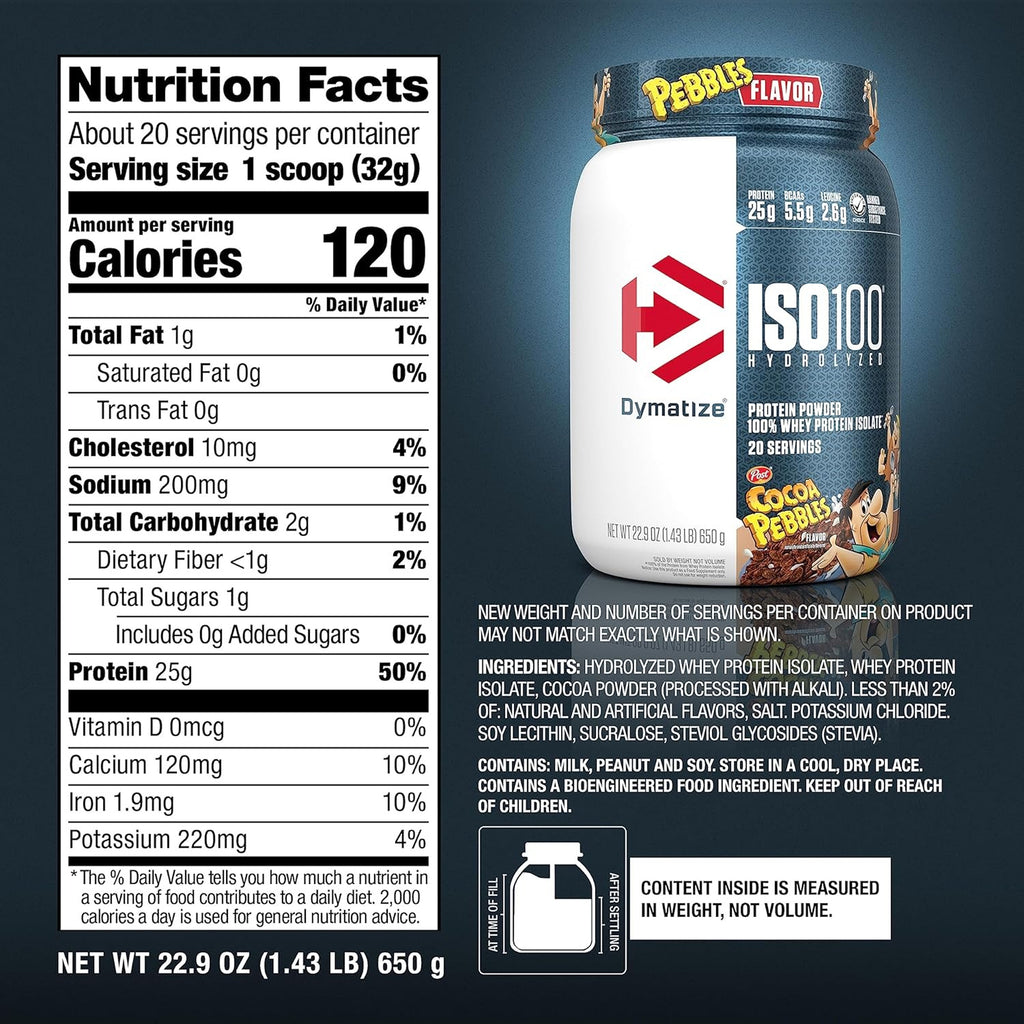 Dymatize ISO 100 بروتين واي معزول - نكهة Cocoa Pebbles - 650 جرام 20 وجبة
