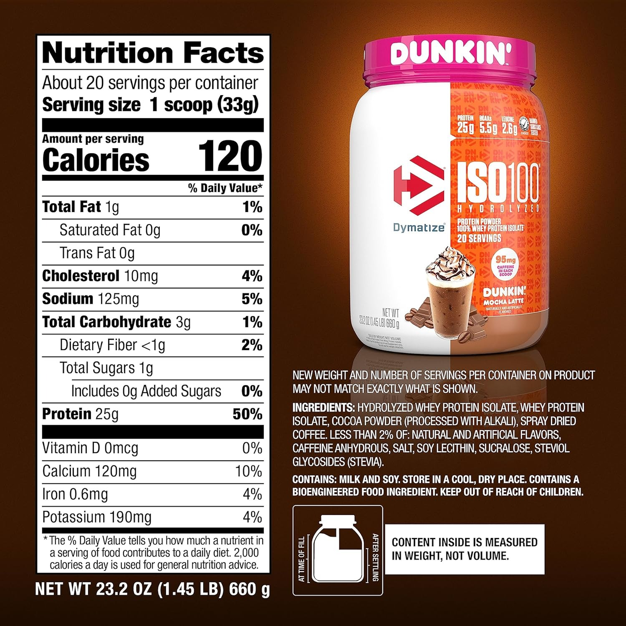 Dymatize ISO100 Hydrolyzed Whey Protein Isolate - Dunkin Mocha Latte 660g (20 Servings)