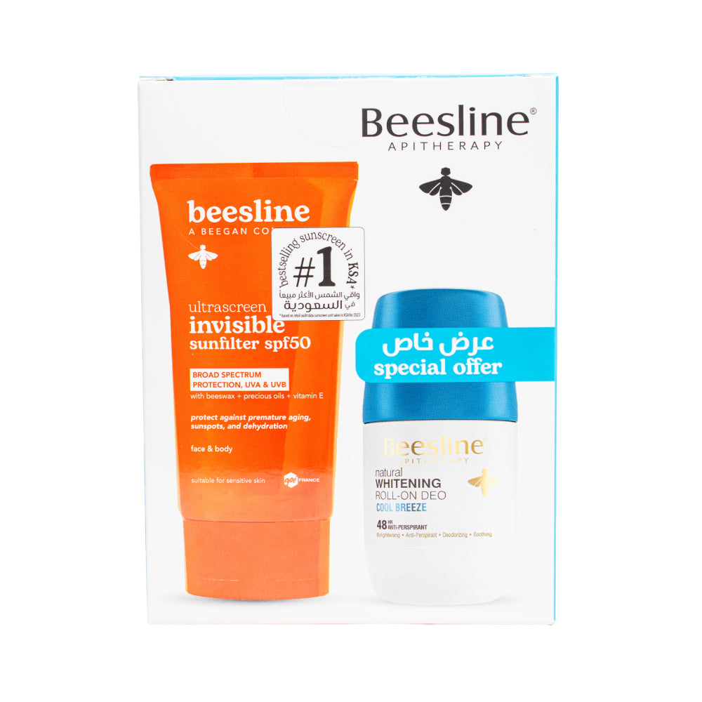 Beesline Sun Cream Ultra Screen Invisible 60ml + Roll-On Deodorant For Skin Brightening Cool Breeze 48h Protection 50ml