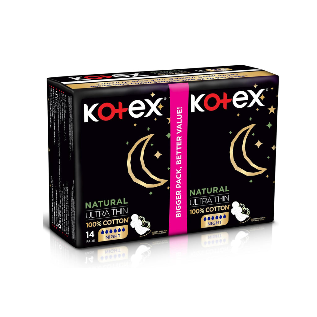Kotex Natural Ultra Thin Night Sanitary Pads with Wings - 14 Count