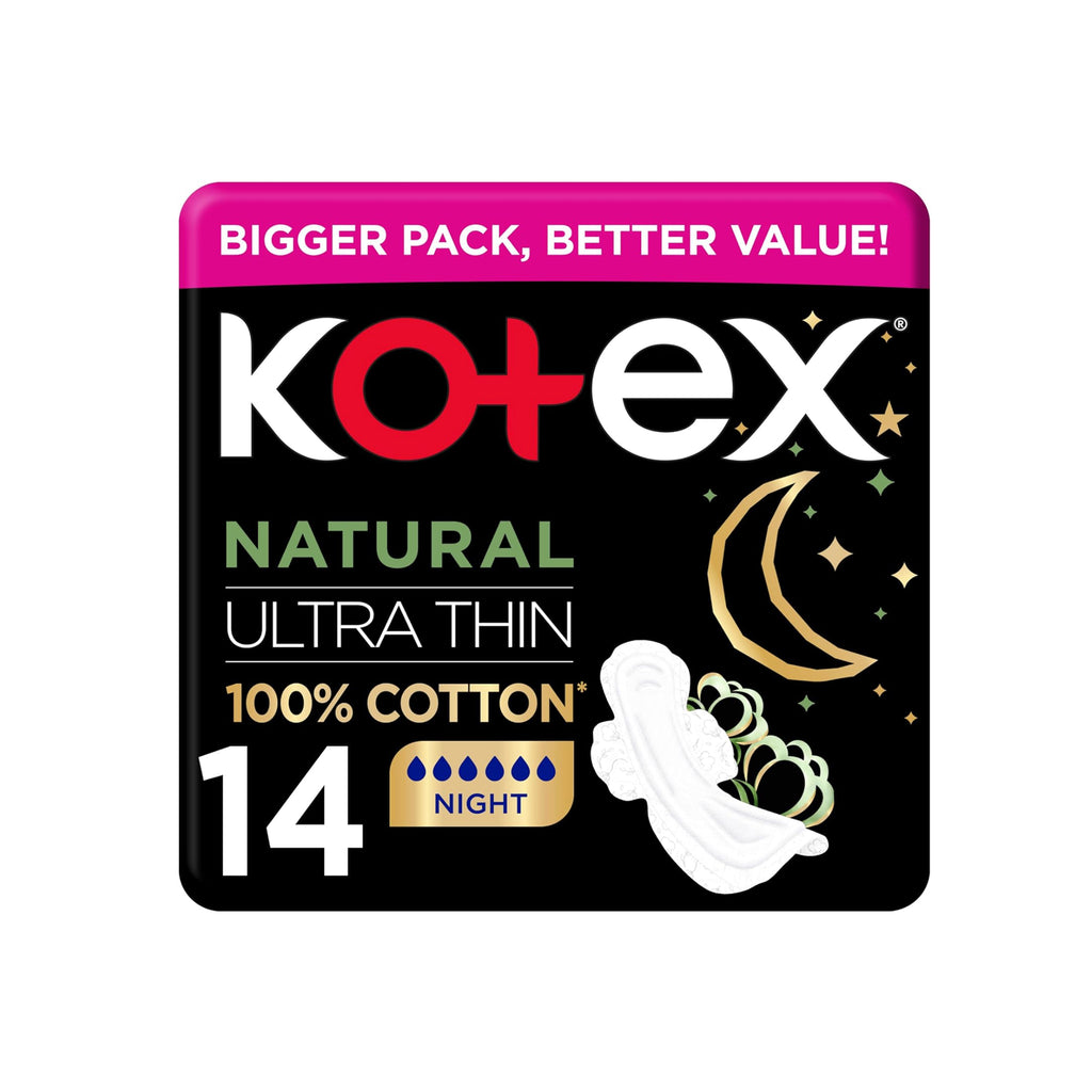 Kotex Natural Ultra Thin Night Sanitary Pads with Wings - 14 Count