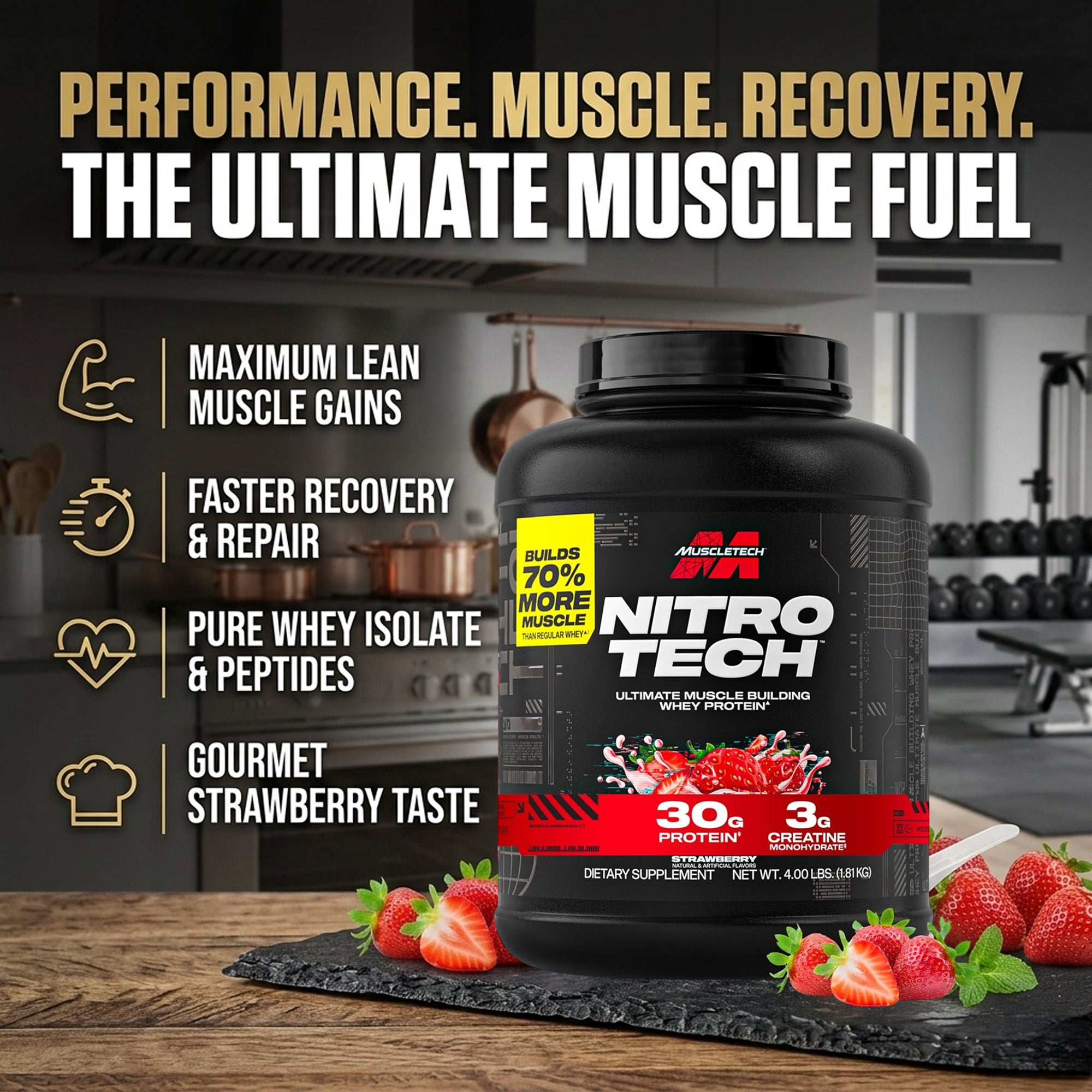 MuscleTech NitroTech Whey Protein Isolate - Strawberry Flavor - 4 LB