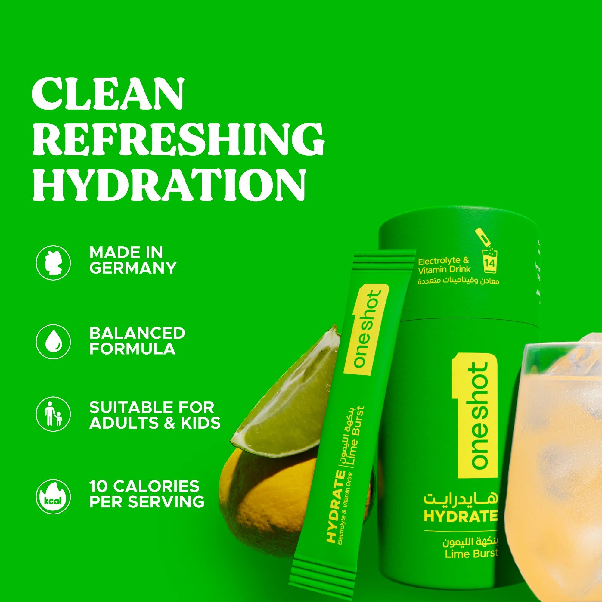 Oneshot Hydrate - Electrolyte Drink - Lime Burst (14 Sticks)