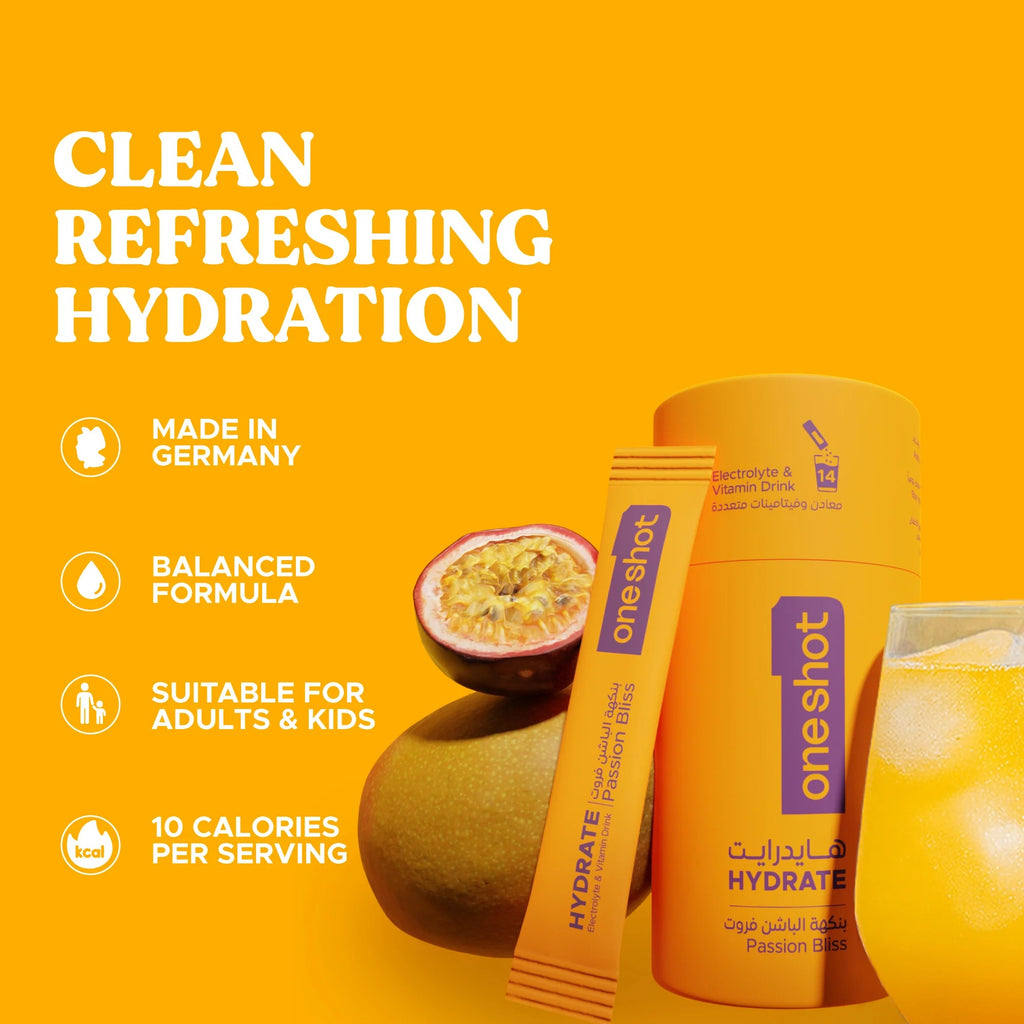 Oneshot Hydrate – مشروب إلكتروليت بنكهة Passion Bliss (14 ستيك)