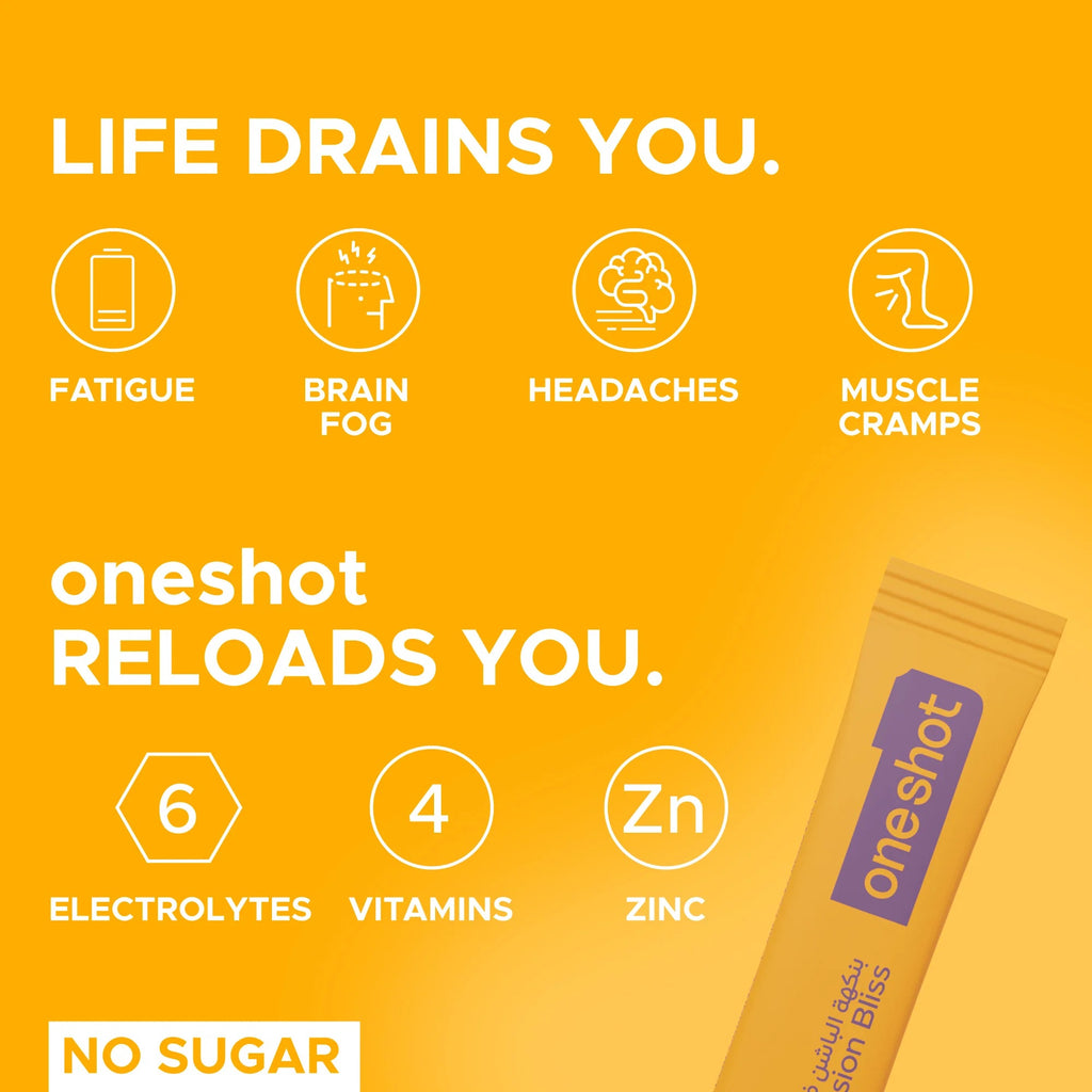 Oneshot Hydrate – مشروب إلكتروليت بنكهة Passion Bliss (14 ستيك)