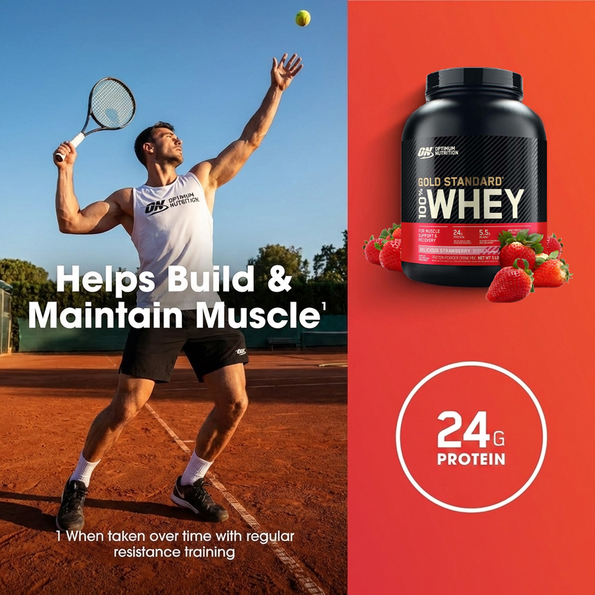 Optimum Nutrition Gold Standard 100% Whey Protein Powder - 24g Protein - Delicious Strawberry 5 LB - 73 servings