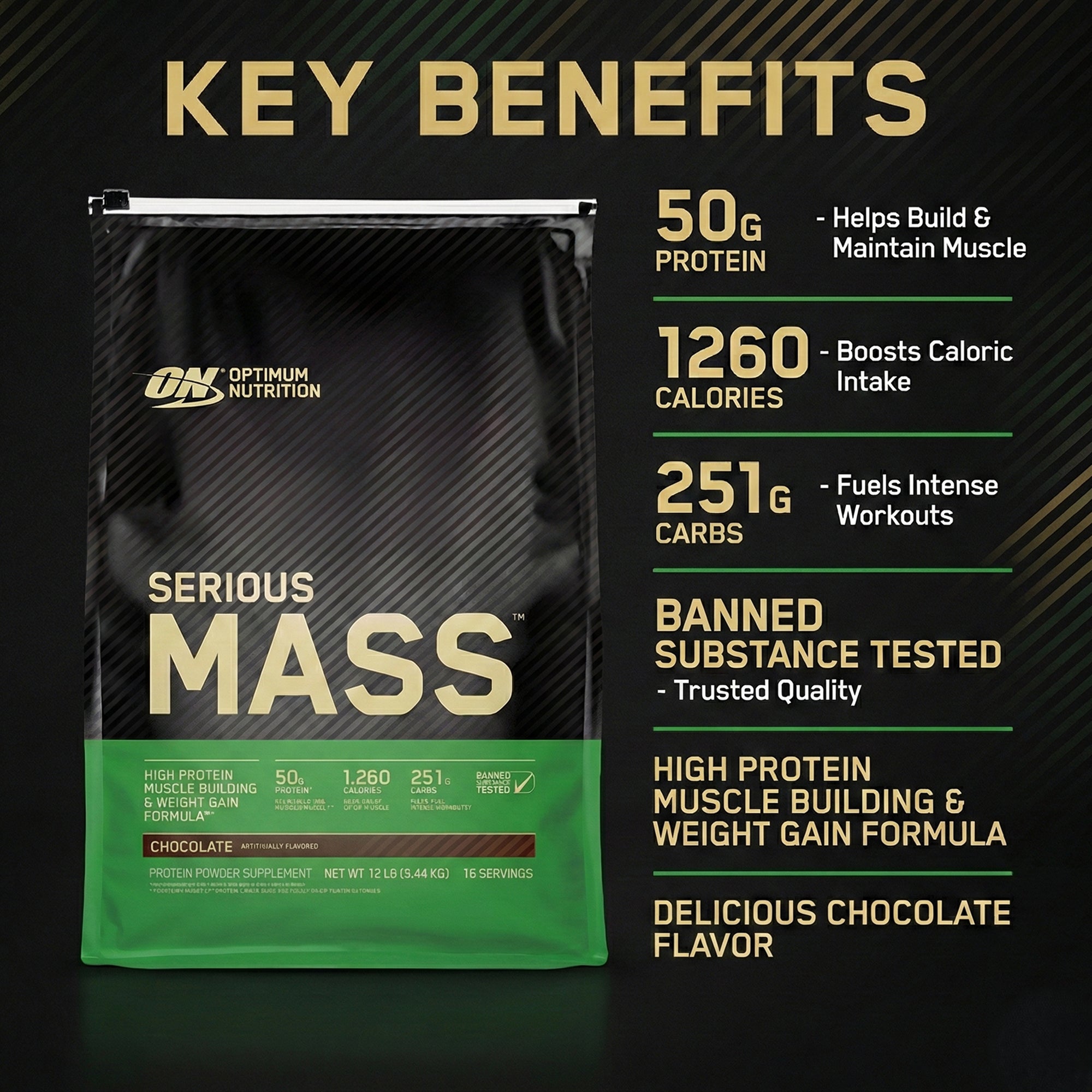 Optimum Nutrition Serious Mass Weight Gainer - Chocolate - 12 LB