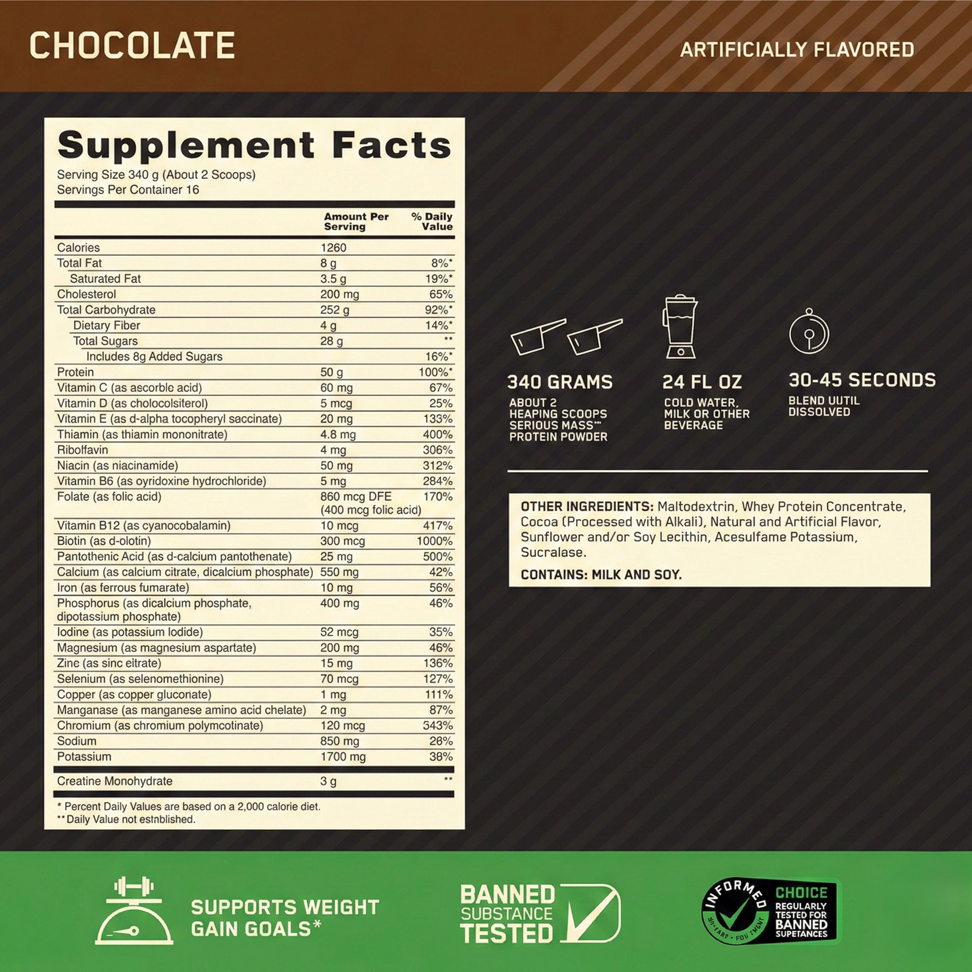 Optimum Nutrition Serious Mass Weight Gainer - Chocolate - 12 LB