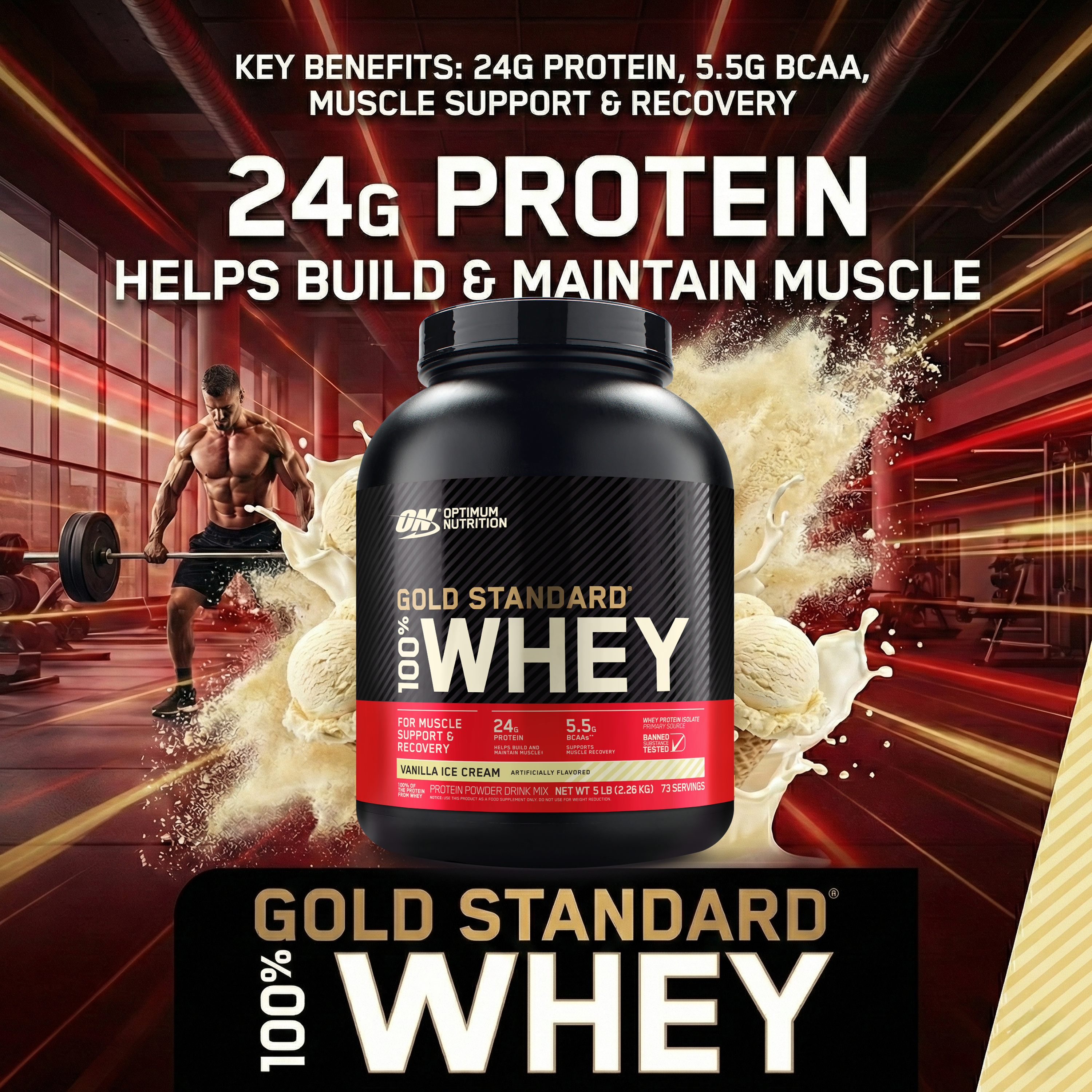 Optimum Nutrition Gold Standard 100% Whey Protein - Vanilla Ice Cream - 5 LB