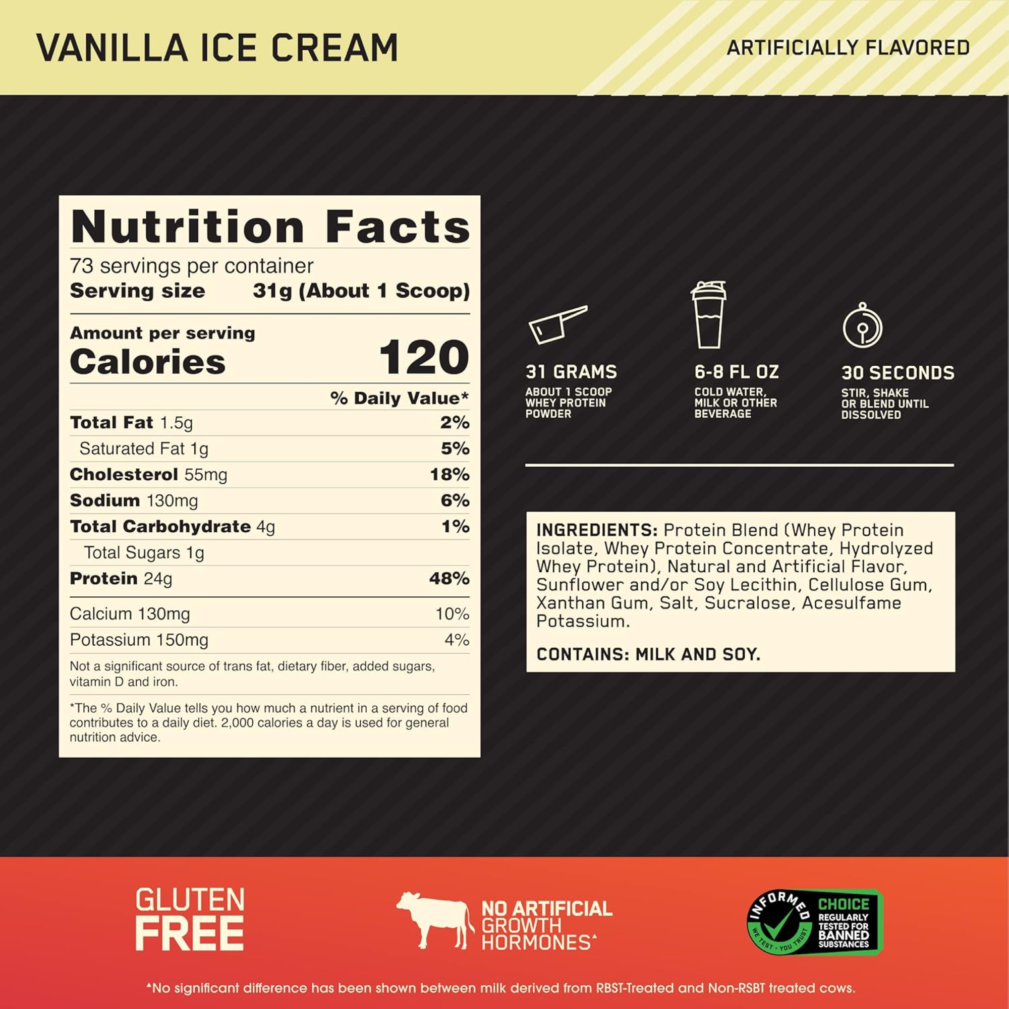 Optimum Nutrition Gold Standard 100% Whey Protein - Vanilla Ice Cream - 5 LB