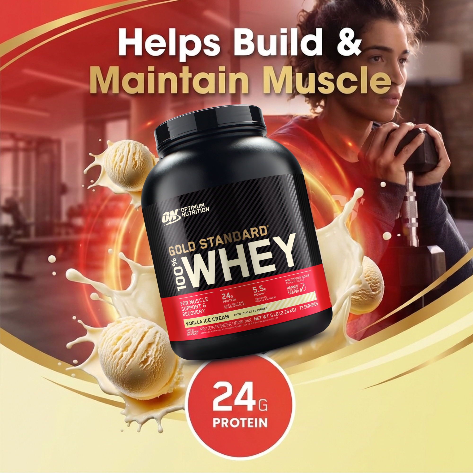 Optimum Nutrition Gold Standard 100% Whey Protein - Vanilla Ice Cream - 5 LB