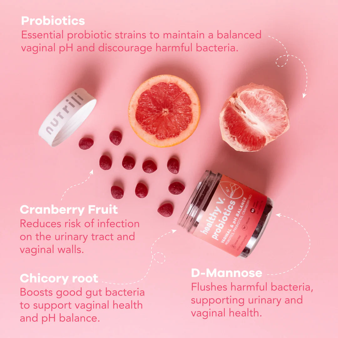 Nutrili Healthy V. Probiotics For Women & Prebiotics, Cranberry & D-Manose Digestion, Vaginal & pH Balance 60pcs